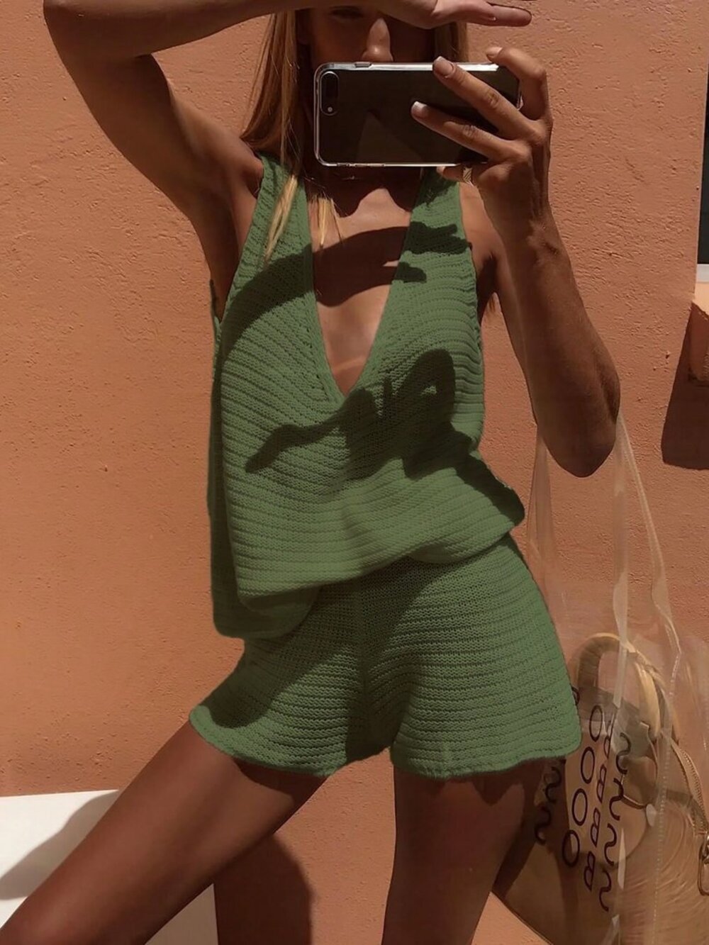 Green Sexy Women's Knit Top And Shorts coord Set